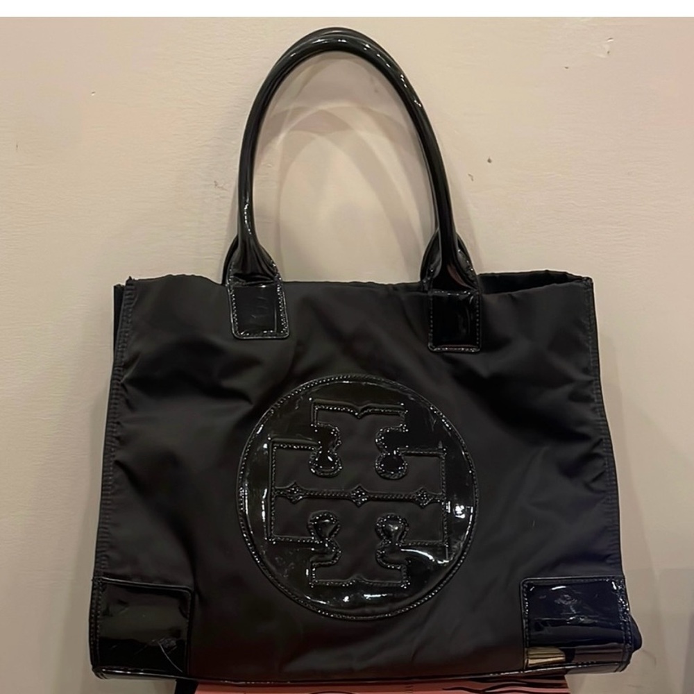 Tory Burch Black Patent Logo Tote